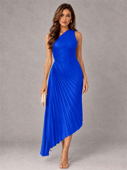One Shoulder Ruched Satin Pleated Sleeveless Wedding Guest Dress