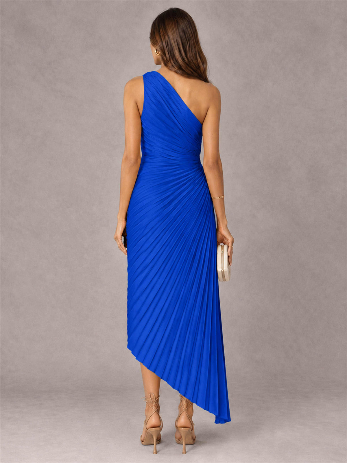 One Shoulder Ruched Satin Pleated Sleeveless Wedding Guest Dress