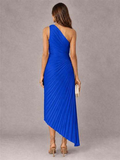 One Shoulder Ruched Satin Pleated Sleeveless Wedding Guest Dress