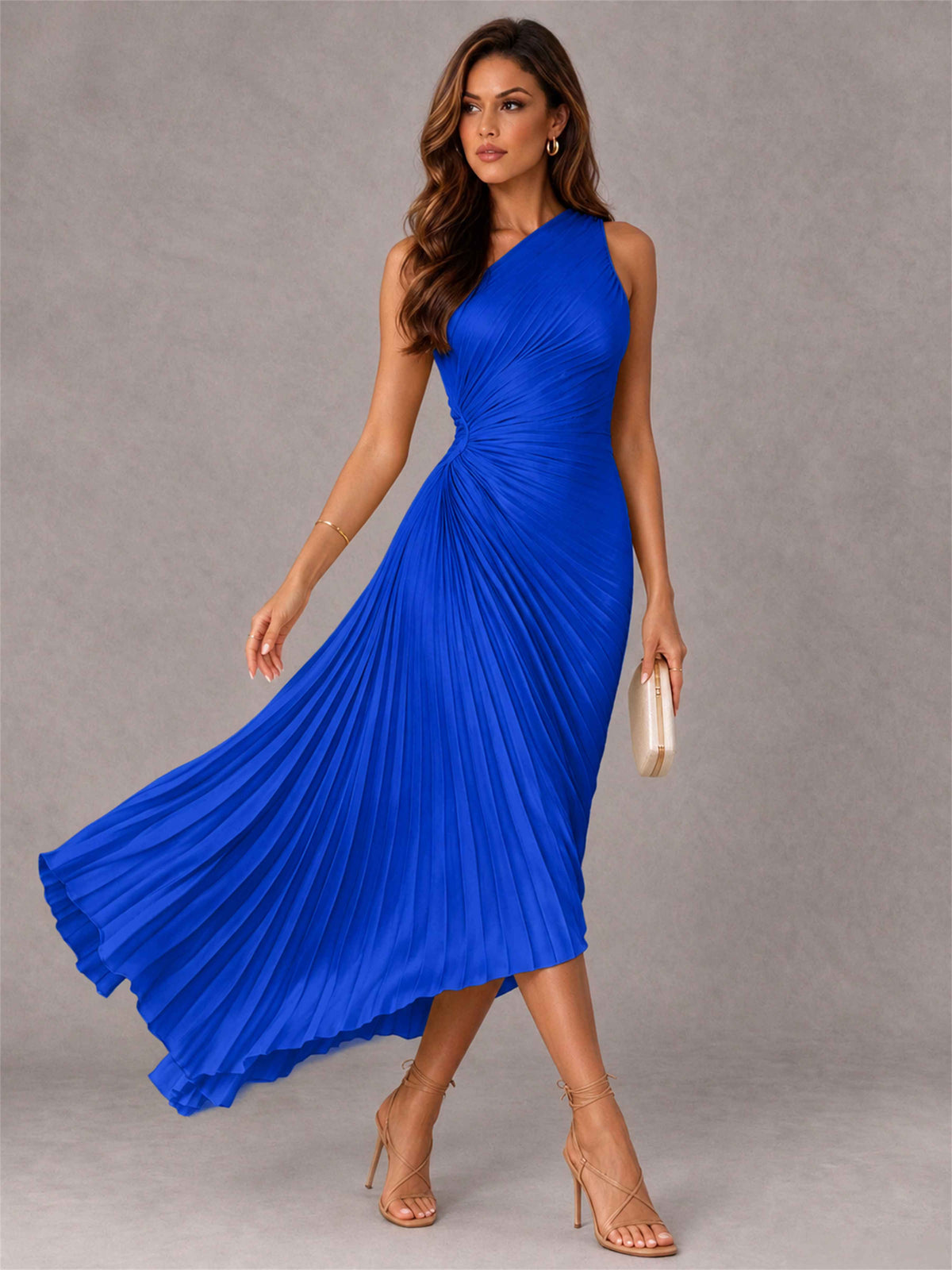 One Shoulder Ruched Satin Pleated Sleeveless Wedding Guest Dress