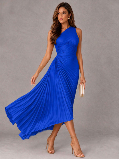 One Shoulder Ruched Satin Pleated Sleeveless Wedding Guest Dress