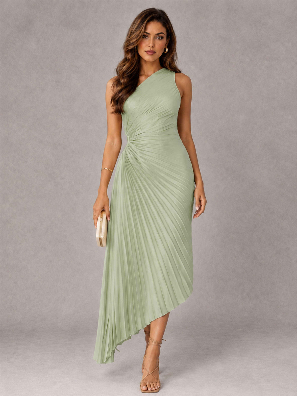 One Shoulder Ruched Satin Pleated Sleeveless Wedding Guest Dress
