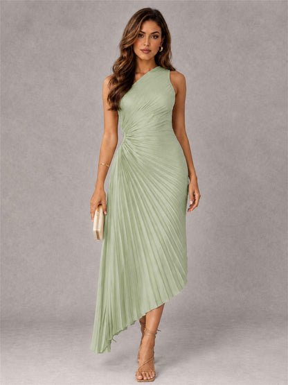 One Shoulder Ruched Satin Pleated Sleeveless Wedding Guest Dress