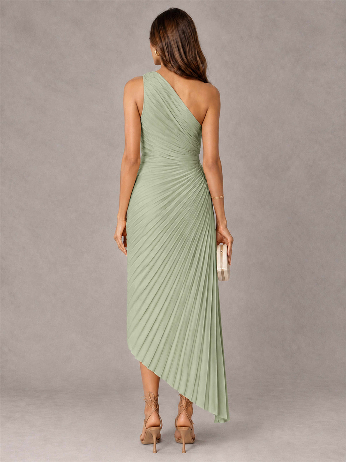 One Shoulder Ruched Satin Pleated Sleeveless Wedding Guest Dress