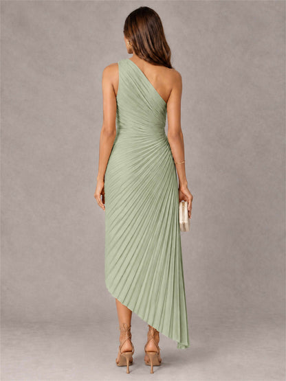 One Shoulder Ruched Satin Pleated Sleeveless Wedding Guest Dress