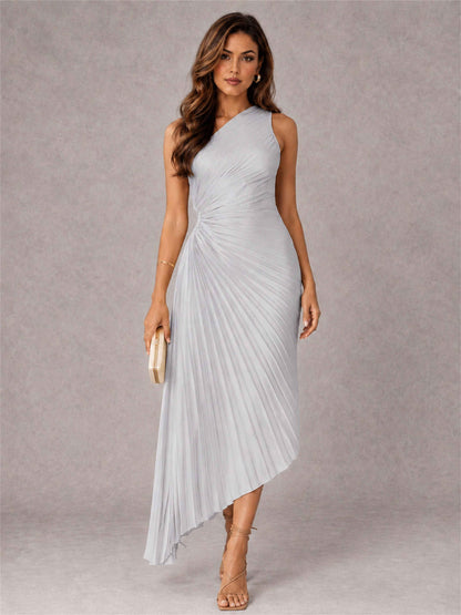 One Shoulder Ruched Satin Pleated Sleeveless Wedding Guest Dress