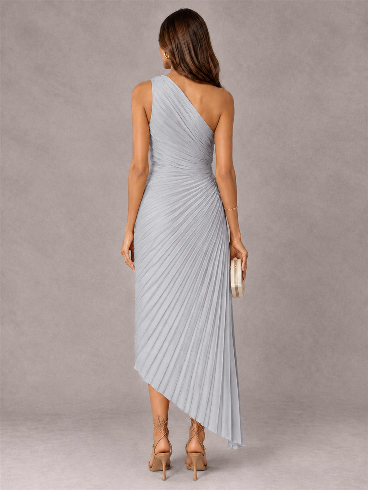 One Shoulder Ruched Satin Pleated Sleeveless Wedding Guest Dress