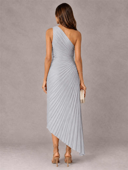 One Shoulder Ruched Satin Pleated Sleeveless Wedding Guest Dress
