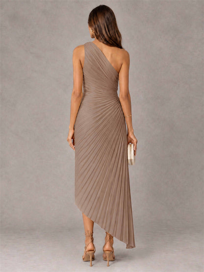 One Shoulder Ruched Satin Pleated Sleeveless Wedding Guest Dress