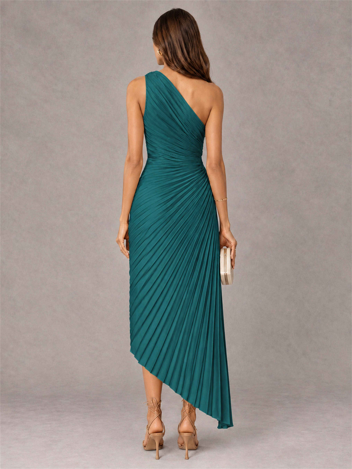 One Shoulder Ruched Satin Pleated Sleeveless Wedding Guest Dress
