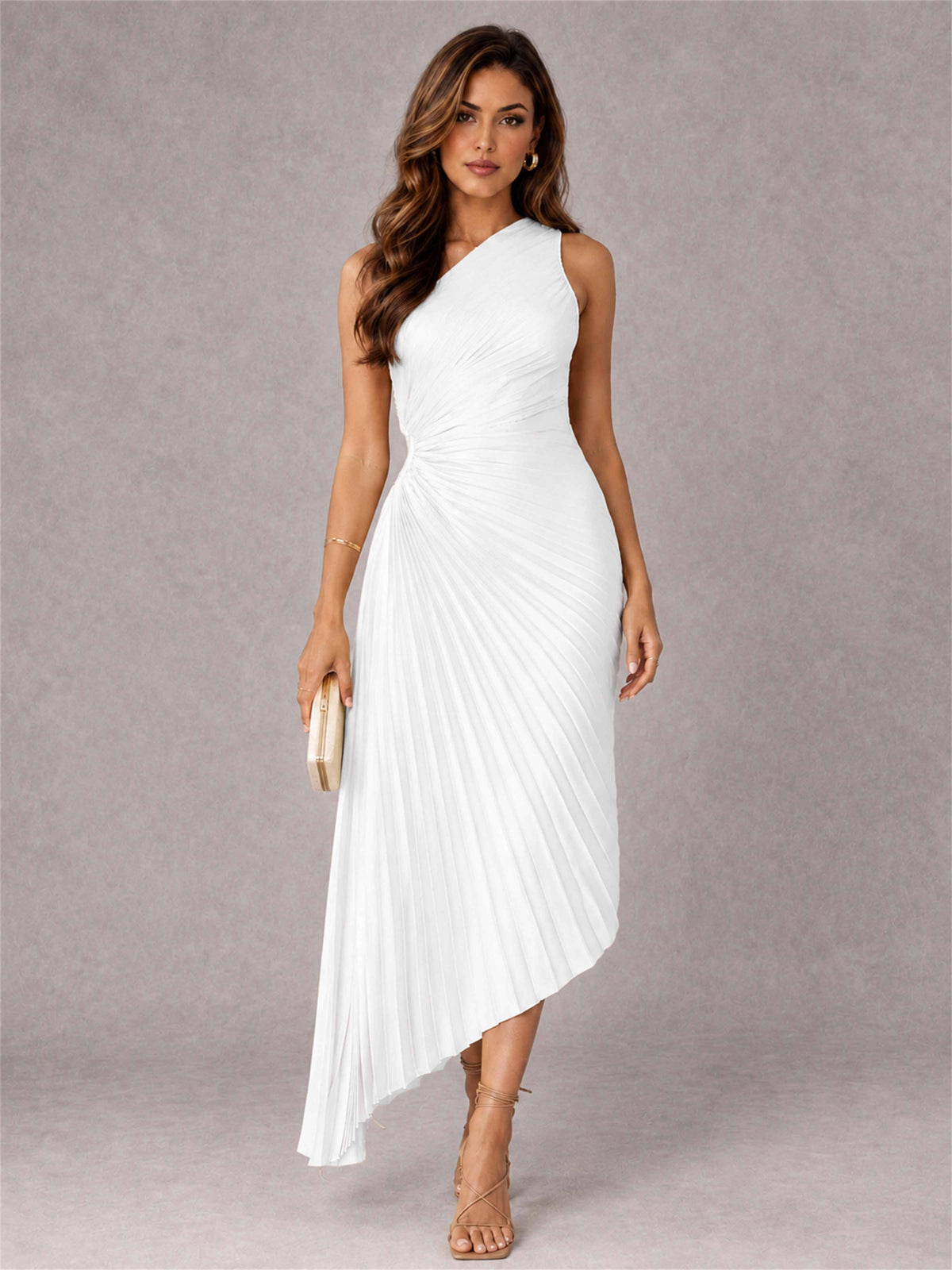 One Shoulder Ruched Satin Pleated Sleeveless Wedding Guest Dress