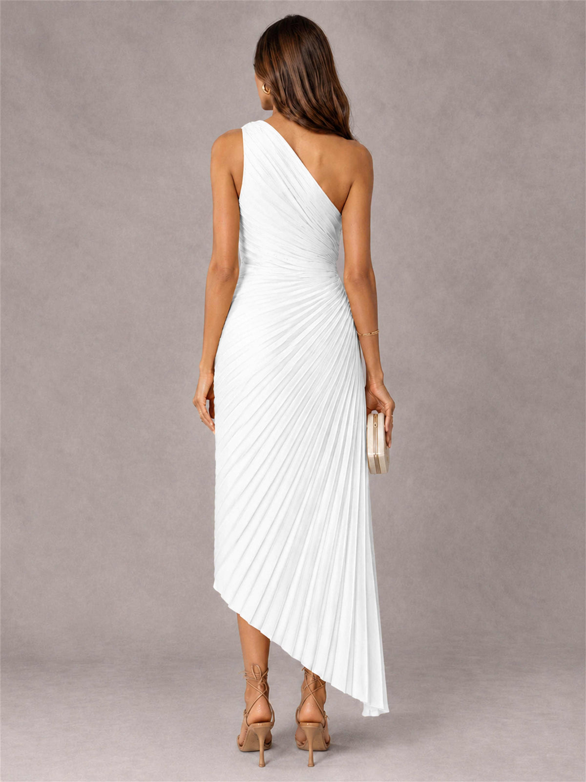 One Shoulder Ruched Satin Pleated Sleeveless Wedding Guest Dress