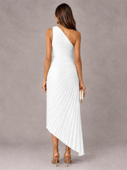 One Shoulder Ruched Satin Pleated Sleeveless Wedding Guest Dress