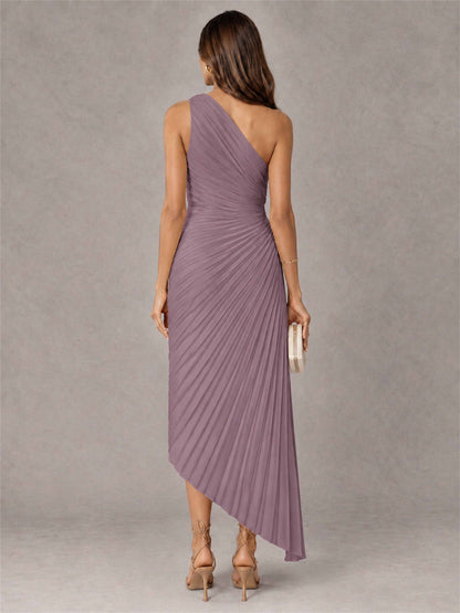 One Shoulder Ruched Satin Pleated Sleeveless Wedding Guest Dress