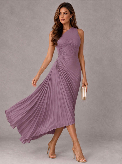 One Shoulder Ruched Satin Pleated Sleeveless Wedding Guest Dress