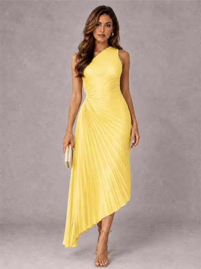 One Shoulder Ruched Satin Pleated Sleeveless Wedding Guest Dress
