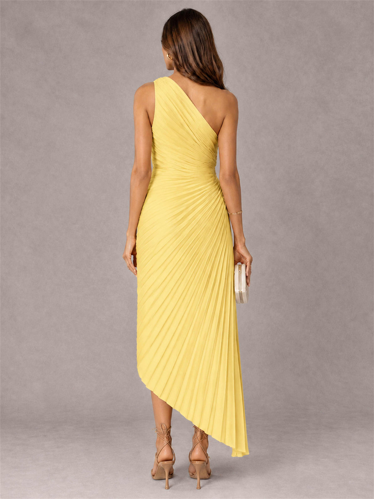 One Shoulder Ruched Satin Pleated Sleeveless Wedding Guest Dress