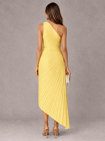 One Shoulder Ruched Satin Pleated Sleeveless Wedding Guest Dress