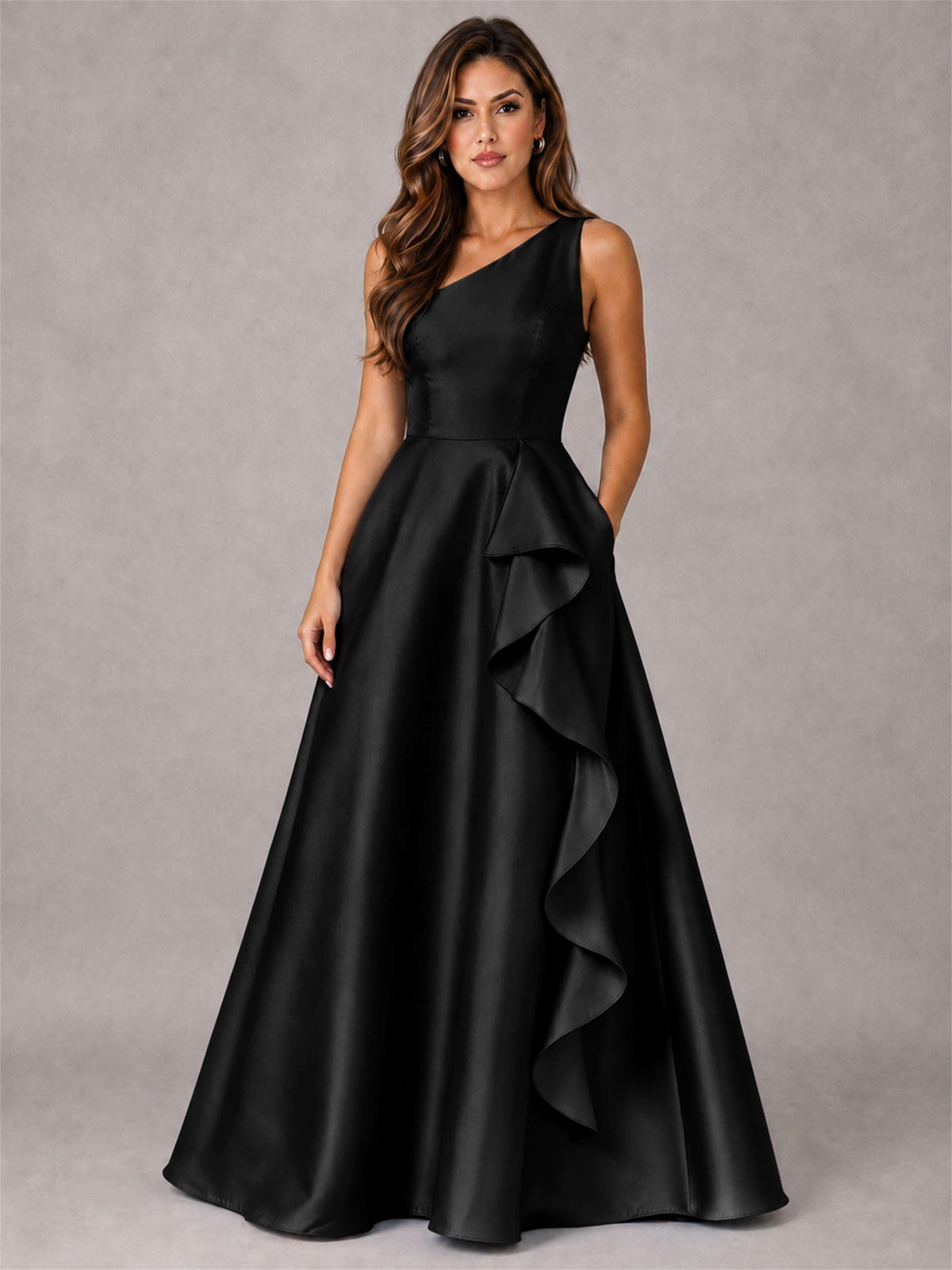 One Shoulder Satin Formal Dress A-Line Prom Gown with Ruffle and Pockets