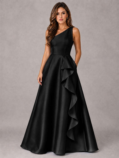 One Shoulder Satin Formal Dress A-Line Prom Gown with Ruffle and Pockets