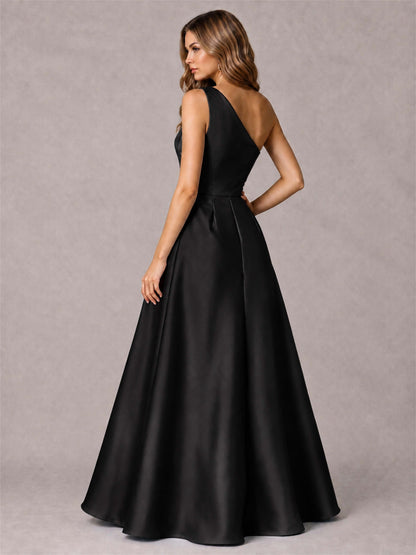 One Shoulder Satin Formal Dress A-Line Prom Gown with Ruffle and Pockets