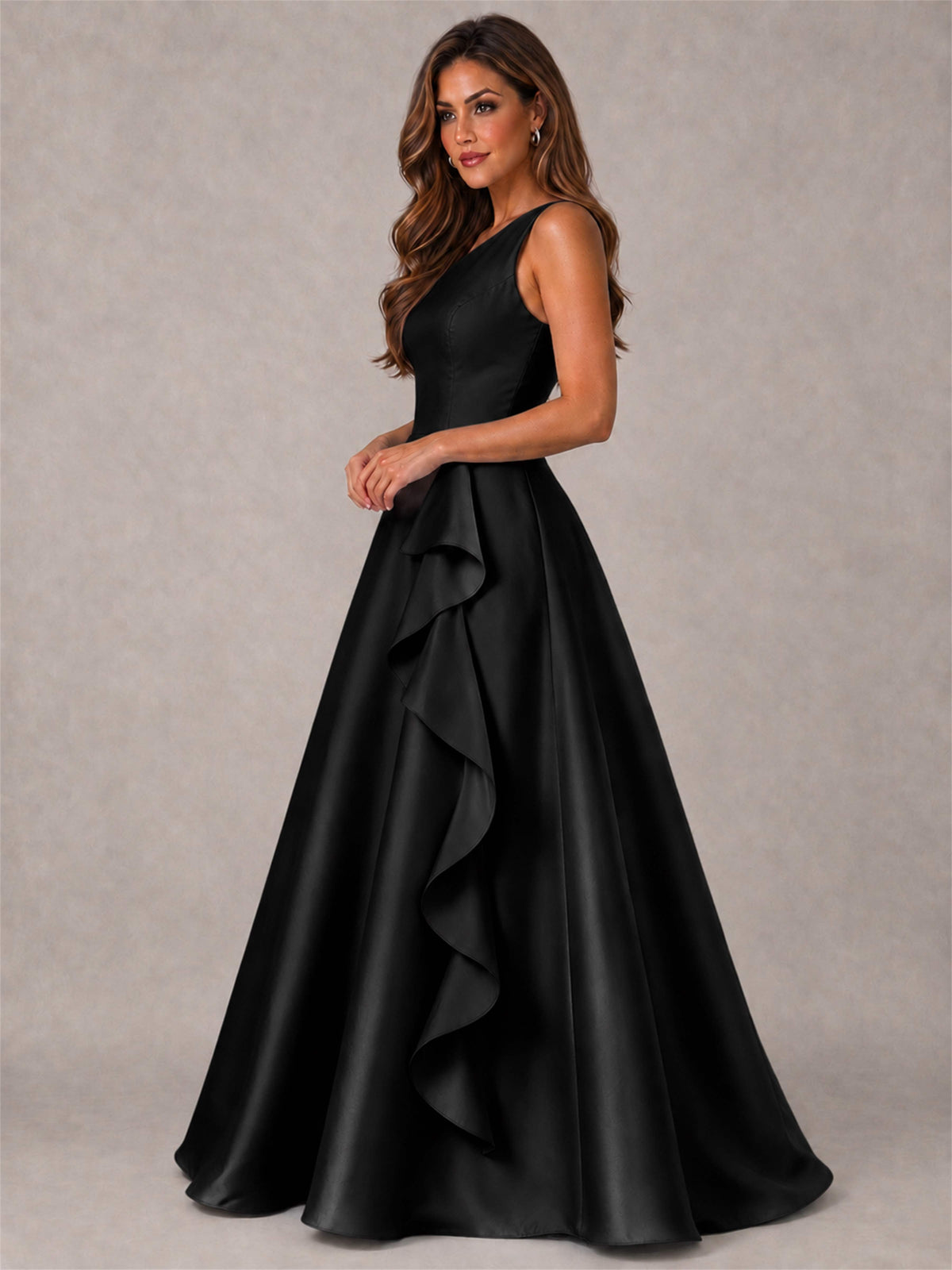 One Shoulder Satin Formal Dress A-Line Prom Gown with Ruffle and Pockets