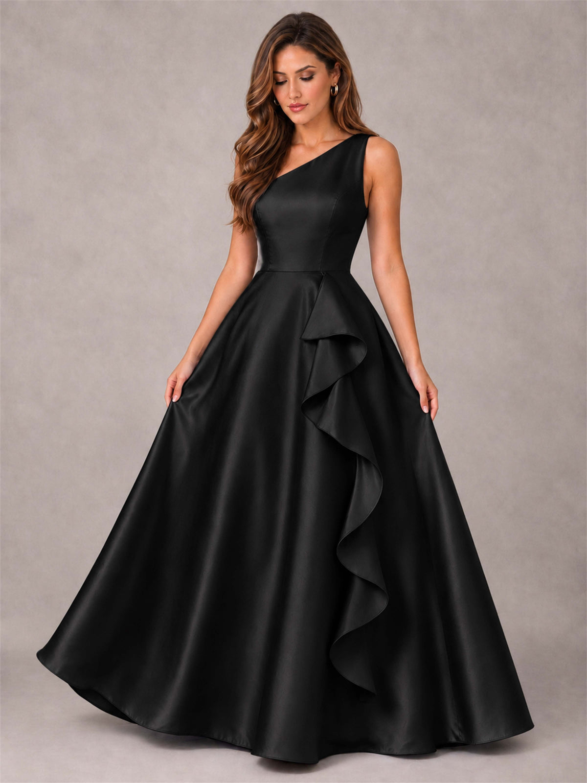 One Shoulder Satin Formal Dress A-Line Prom Gown with Ruffle and Pockets