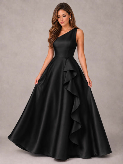 One Shoulder Satin Formal Dress A-Line Prom Gown with Ruffle and Pockets