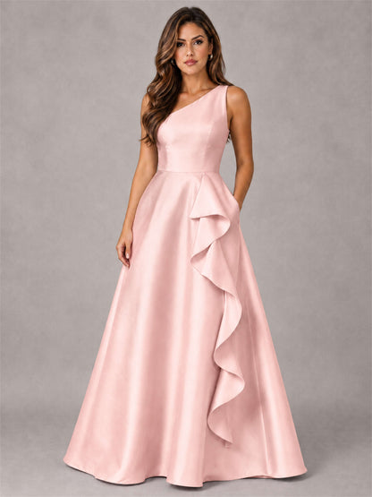 One Shoulder Satin Formal Dress A-Line Prom Gown with Ruffle and Pockets
