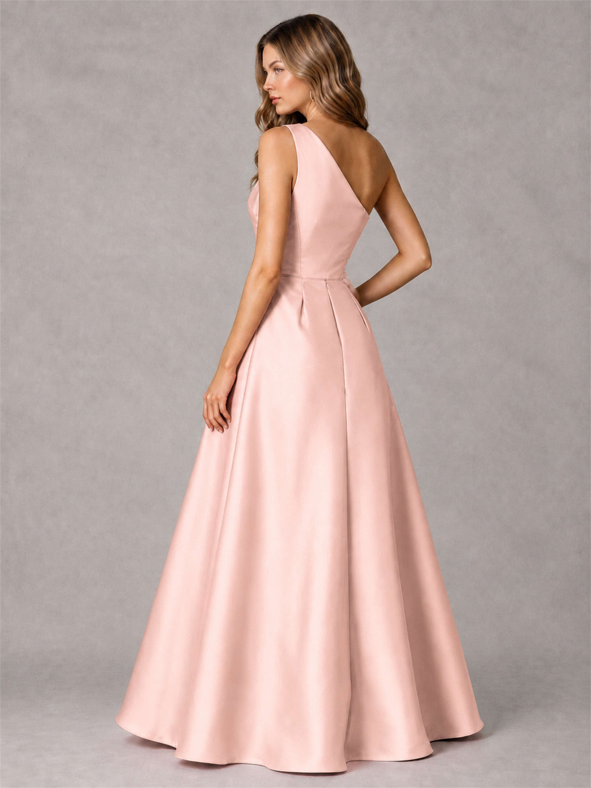 One Shoulder Satin Formal Dress A-Line Prom Gown with Ruffle and Pockets