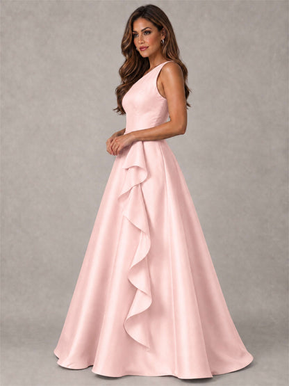 One Shoulder Satin Formal Dress A-Line Prom Gown with Ruffle and Pockets