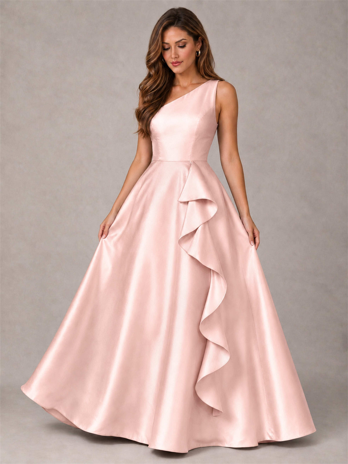 One Shoulder Satin Formal Dress A-Line Prom Gown with Ruffle and Pockets