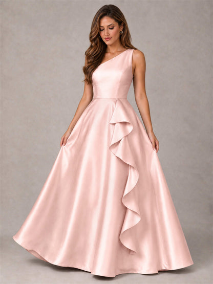 One Shoulder Satin Formal Dress A-Line Prom Gown with Ruffle and Pockets