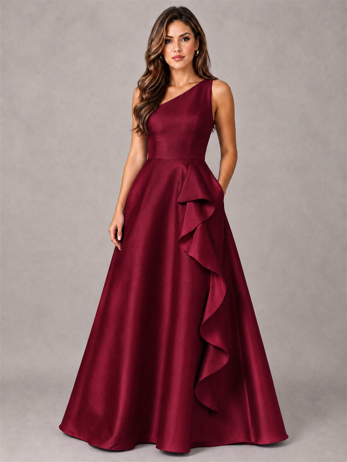 One Shoulder Satin Formal Dress A-Line Prom Gown with Ruffle and Pockets