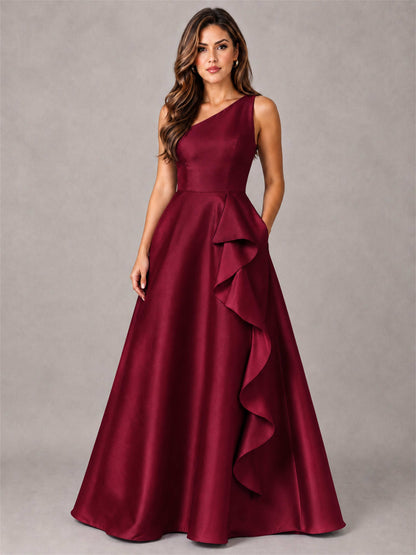 One Shoulder Satin Formal Dress A-Line Prom Gown with Ruffle and Pockets