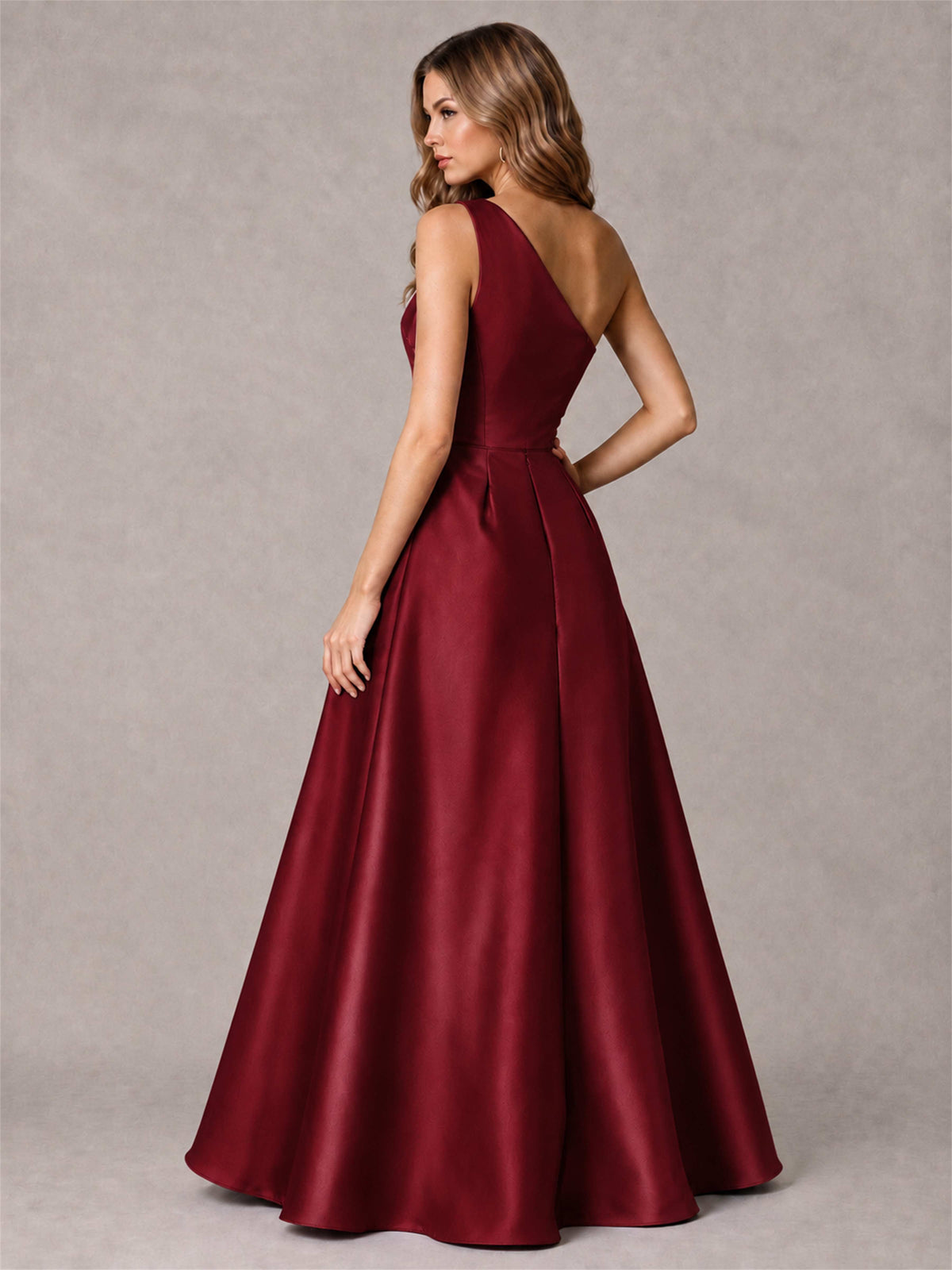 One Shoulder Satin Formal Dress A-Line Prom Gown with Ruffle and Pockets