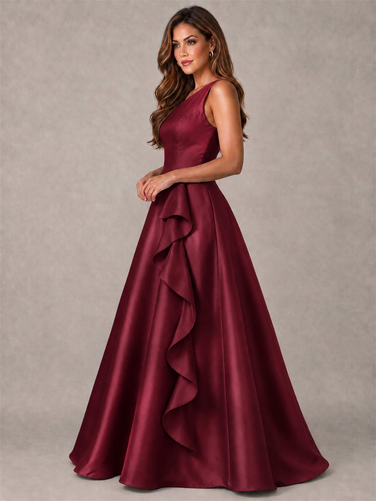 One Shoulder Satin Formal Dress A-Line Prom Gown with Ruffle and Pockets