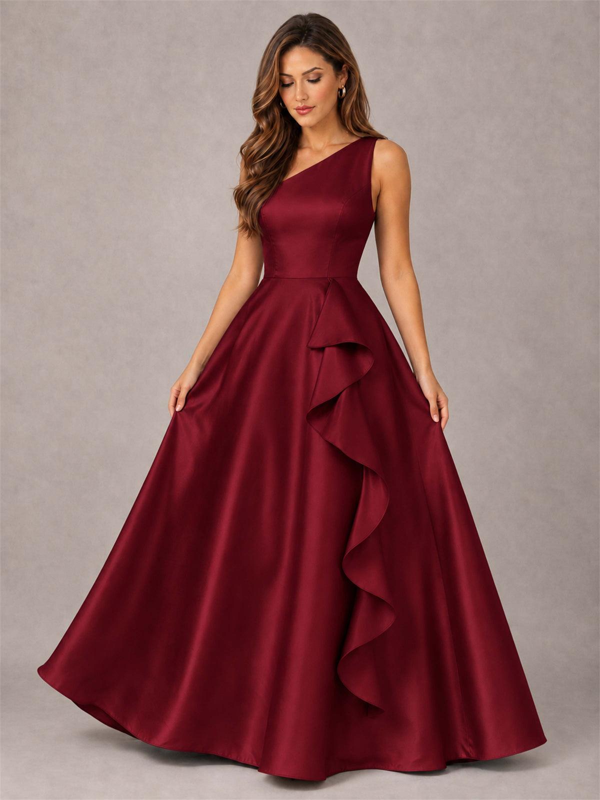One Shoulder Satin Formal Dress A-Line Prom Gown with Ruffle and Pockets