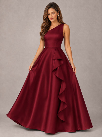 One Shoulder Satin Formal Dress A-Line Prom Gown with Ruffle and Pockets