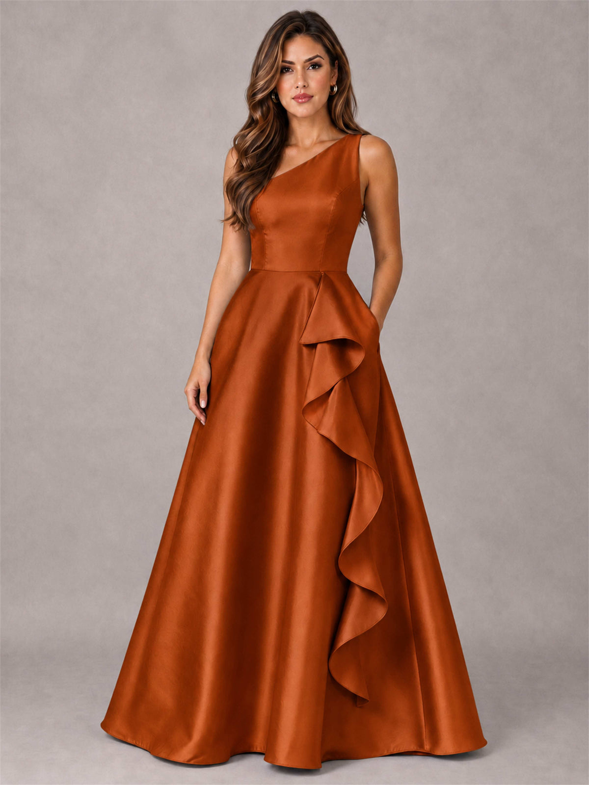 One Shoulder Satin Formal Dress A-Line Prom Gown with Ruffle and Pockets