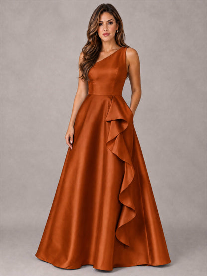 One Shoulder Satin Formal Dress A-Line Prom Gown with Ruffle and Pockets