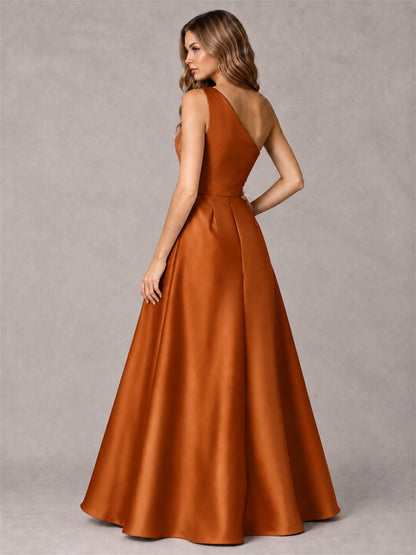One Shoulder Satin Formal Dress A-Line Prom Gown with Ruffle and Pockets