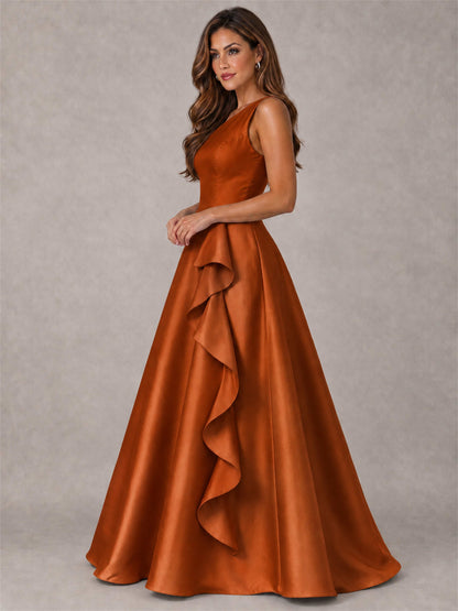 One Shoulder Satin Formal Dress A-Line Prom Gown with Ruffle and Pockets