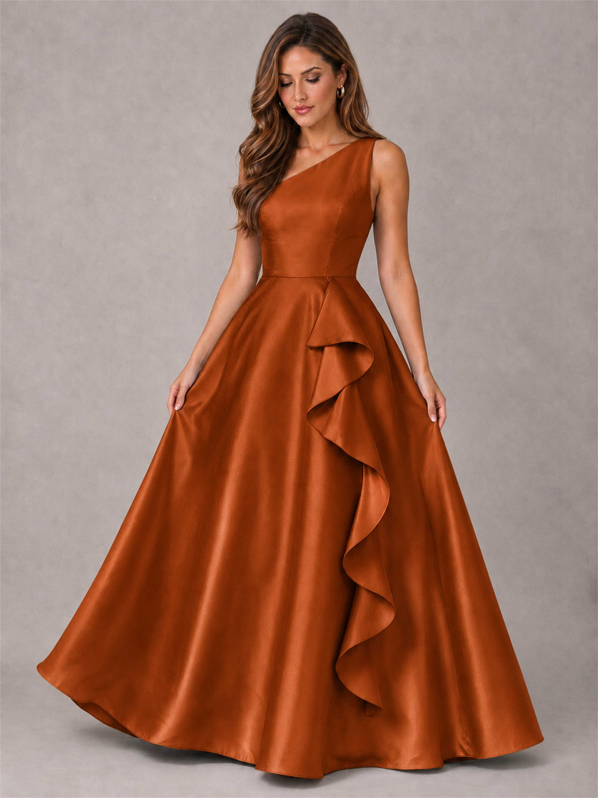 One Shoulder Satin Formal Dress A-Line Prom Gown with Ruffle and Pockets