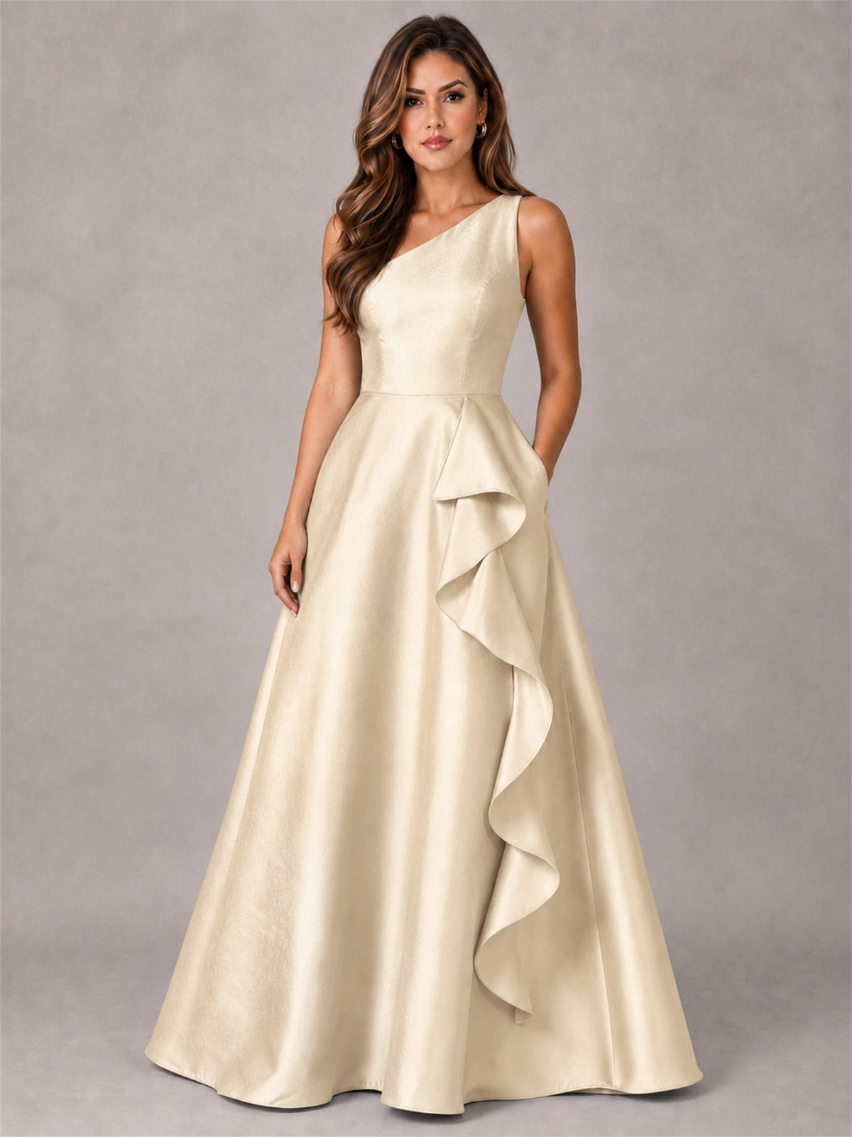 One Shoulder Satin Formal Dress A-Line Prom Gown with Ruffle and Pockets