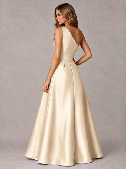 One Shoulder Satin Formal Dress A-Line Prom Gown with Ruffle and Pockets