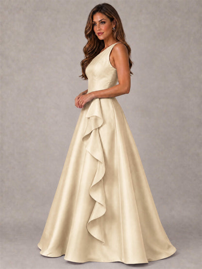 One Shoulder Satin Formal Dress A-Line Prom Gown with Ruffle and Pockets