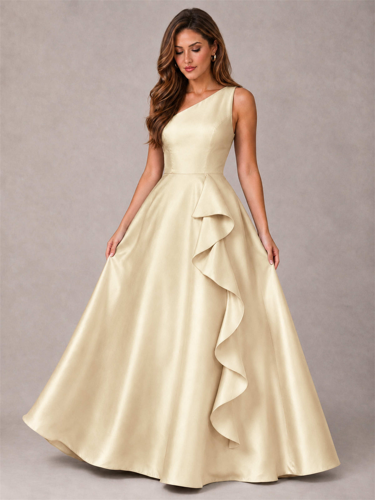 One Shoulder Satin Formal Dress A-Line Prom Gown with Ruffle and Pockets