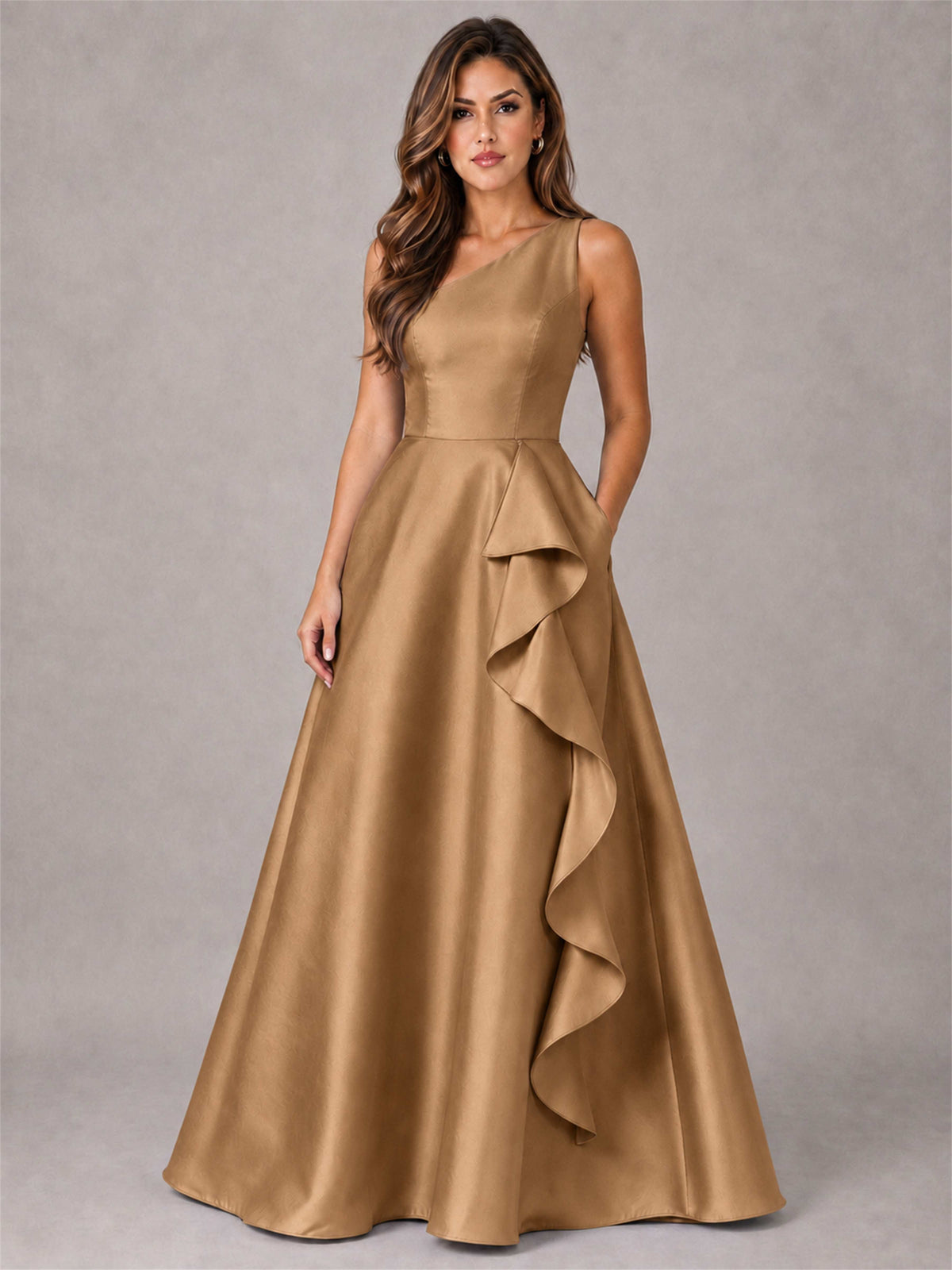One Shoulder Satin Formal Dress A-Line Prom Gown with Ruffle and Pockets