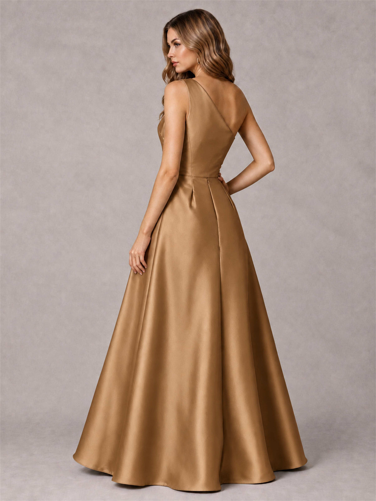 One Shoulder Satin Formal Dress A-Line Prom Gown with Ruffle and Pockets